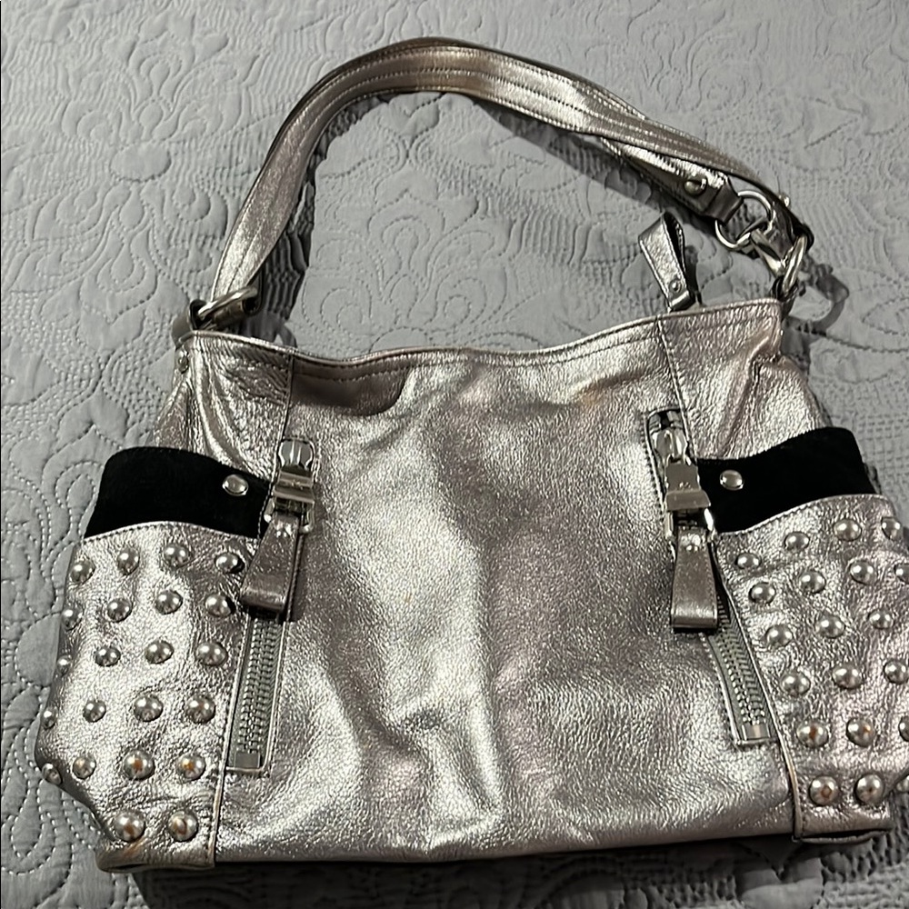 B. Makowsky Metallic Silver Studded Shoulder Bag